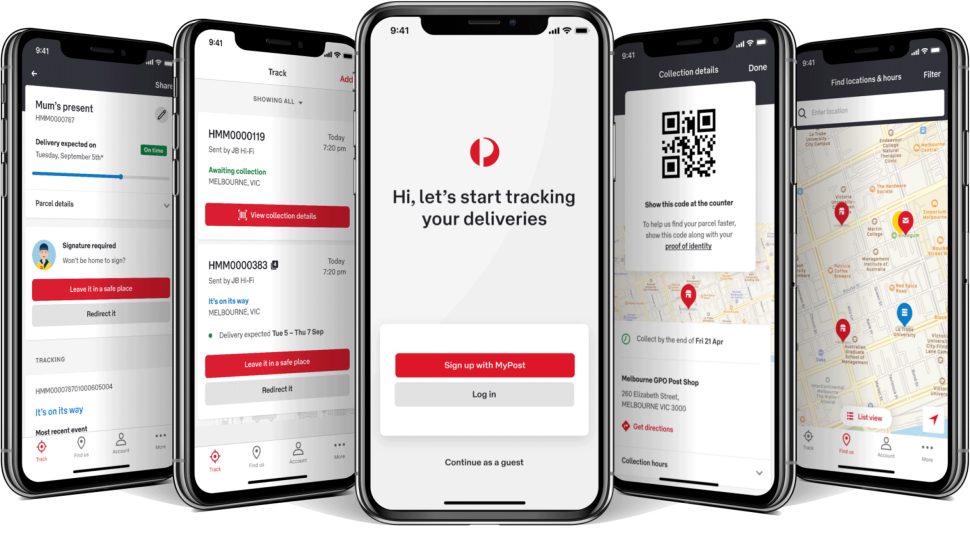 Five mobile phones with each screen displaying different features of the Australia Post app. The first from left show the expected delivery date. 
The second shows that the delivery is awaiting collection. The middle is a white screen with the words ‘Hi, let’s start tracking your deliveries’ with the option to sign up with MyPost Business, log in or continue as a guest. The fourth displays a QR code that customers need to use when collecting their parcel. The fifth is a map showing the nearest Australia Post Collection points.