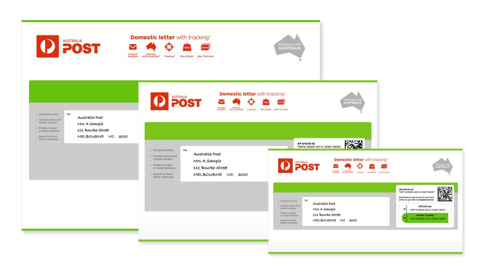 Photo of 3 different sized envelopes in the domstic letter with tracking product range